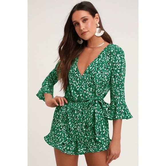 Lulus Pants - Lulus Make Moves Green and Black Print Flounce Sleeve Romper small